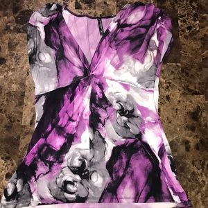 purple, black, white, and grey blouse with tie